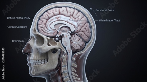 3D Medical Illustration of Human Brain Anatomy Showing Diffuse Axonal Injury and Rotational Force