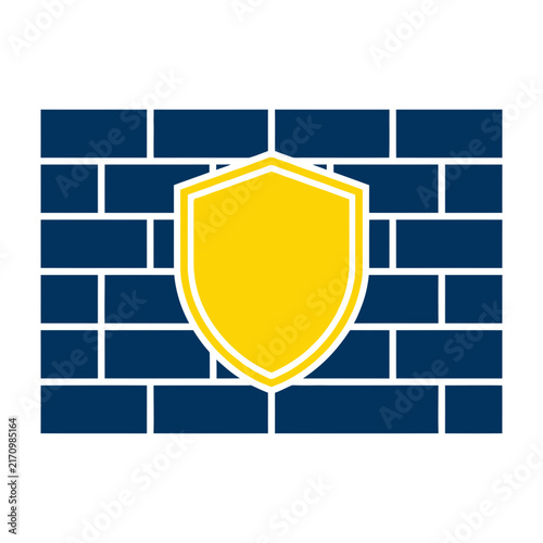 Yellow shield icon on blue brick wall background