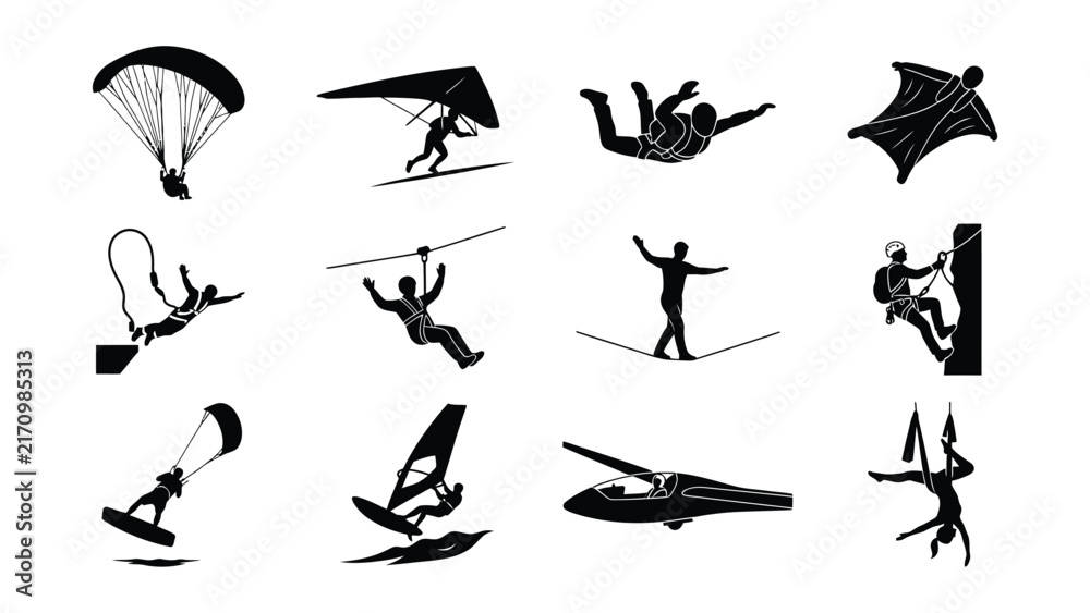 Fototapeta premium Collection of extreme sports and parachuting silhouettes