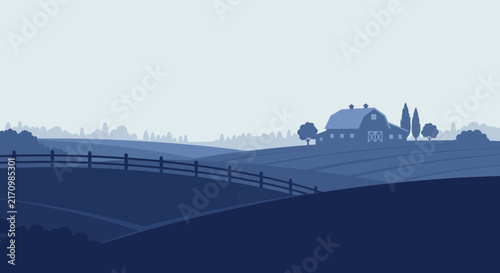 Minimalist rural landscape vector, blue monochrome farm scenery with barn and rolling hills, peaceful countryside silhouette illustration isolated on White Background