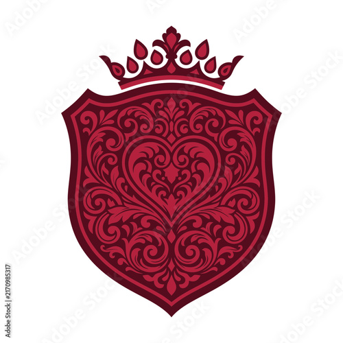 Red Ornamental Shield With Crown And Baroque Heart Design