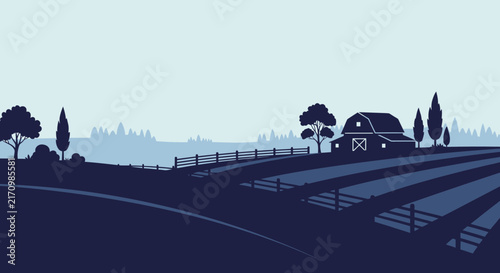 Minimalist farm landscape vector, rural countryside barn silhouette, agricultural fields and trees illustration isolated on White Background