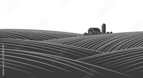 Vintage farm landscape vector, rolling agricultural fields with barn and silo, monochrome rural countryside illustration isolated on White Background