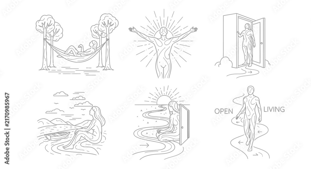 Fototapeta premium Line art scenes depicting relaxation freedom and entering a space silhouette
