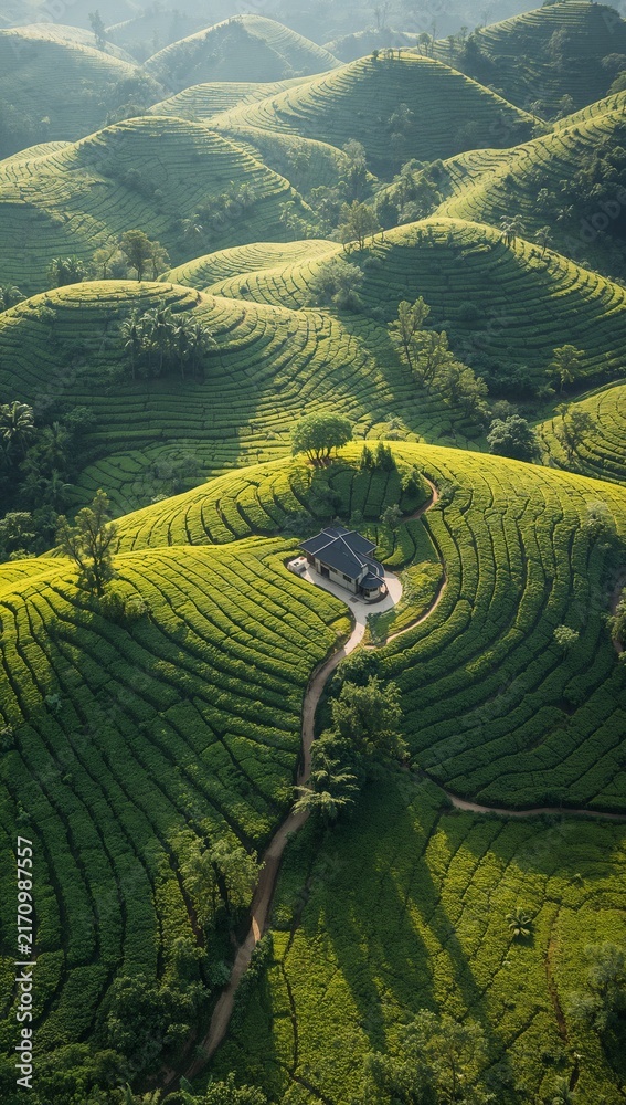 Fototapeta premium Lush green tea plantation covering rolling hills with neatly patterned crops and a winding path. 