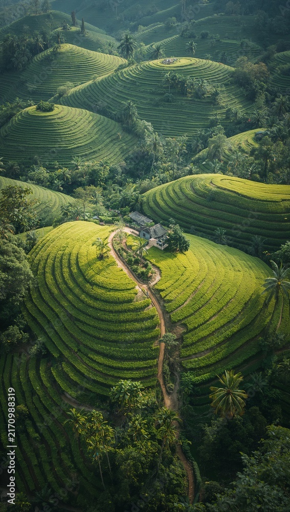 Naklejka premium Lush green tea plantation covering rolling hills with a winding path through the neatly arranged crops. 