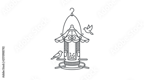 Foto Line art bird feeder with perched birds against a white background