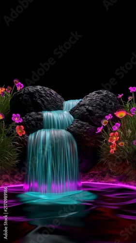 Powerful waterfall flowing against a black background, dramatic cascading water isolated in darkness for nature, water, relaxation and cinematic visual effects