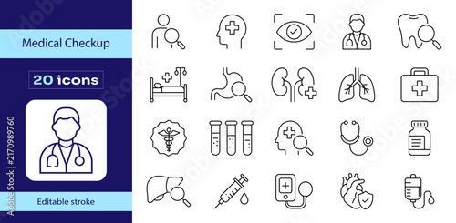 Medical checkup editable stroke icon set with doctor, healthcare, diagnosis, eye, dental, lungs, kidneys, stomach, heart, laboratory test, syringe, medicine and hospital care symbols.