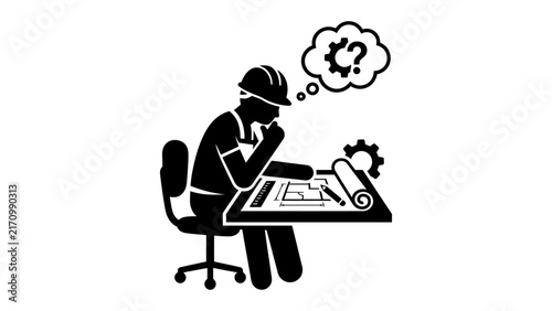 Architect sitting at a drafting table thinking about blueprints with hard hat