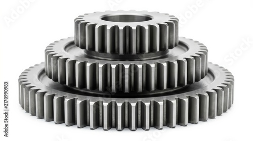 Metallic gear assembly with three stacked gears in gray isolated on white.