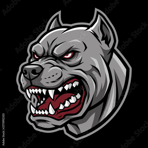 Aggressive pitbull dog head mascot logo vector illustration featuring angry guard dog canine predator animal for sports emblem badge artwork