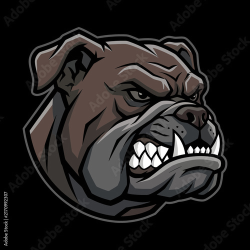 Ferocious bulldog head mascot logo vector illustration featuring dark pitbull dog canine predator animal for gaming sports team badge design