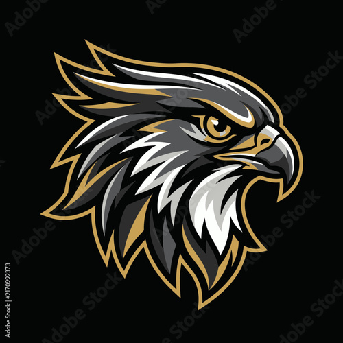 Golden eagle head mascot logo vector illustration featuring fierce feathered bird of prey for sports gaming team emblem badge artwork