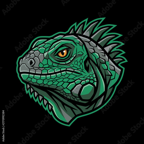 Green iguana lizard head mascot logo vector illustration featuring wild reptile animal for sports gaming squad team emblem badge artwork
