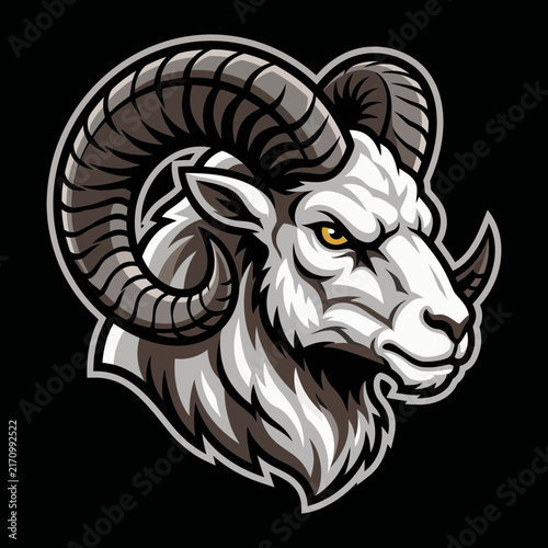 Bighorn ram head mascot logo vector illustration featuring wild mountain sheep with large curved horns for team emblem badge artwork