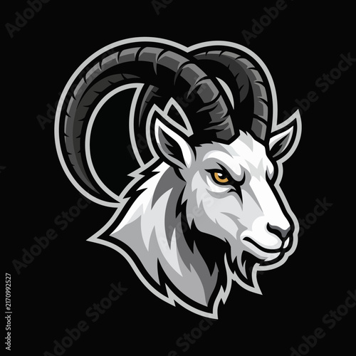 Mountain goat head mascot logo vector illustration featuring horned wild alpine animal for sports gaming team emblem badge design artwork