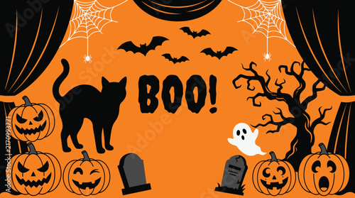 A festive halloween background featuring a black cat pumpkins ghosts and bats perfect for seasonal party decorations and holiday celebrations