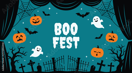 A festive halloween background featuring cute ghosts and pumpkins with a boo fest sign framed by dark stage curtains design