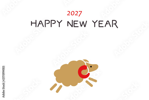 2027年(令和9年)ひつじのイラストの年賀状テンプレート　ベクター　happy new year　白背景　シンプル　羊　未　コピースペース