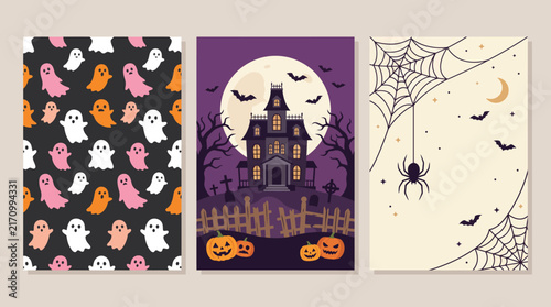 A collection of three festive halloween background designs featuring cute ghosts a spooky haunted house and a creepy spider web