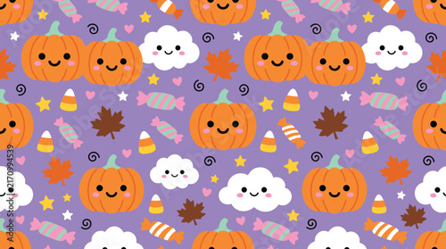 A cute seamless halloween background featuring happy orange pumpkins and white clouds on a vibrant purple festive holiday pattern design