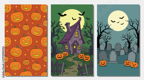 A collection of three vertical halloween background designs featuring carved pumpkins haunted houses and spooky moonlit graveyard scenes for celebration