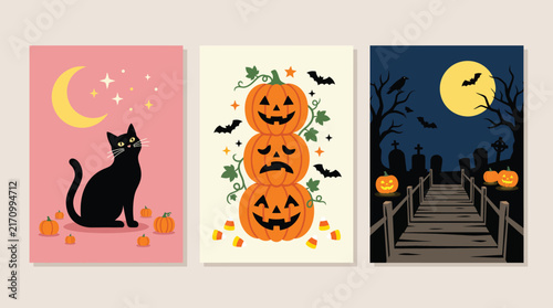 A set of three artistic panels featuring a black cat pumpkins and a spooky night scene for a festive halloween background
