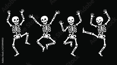 A fun and spooky halloween background featuring a group of happy dancing skeletons isolated on a solid black backdrop design