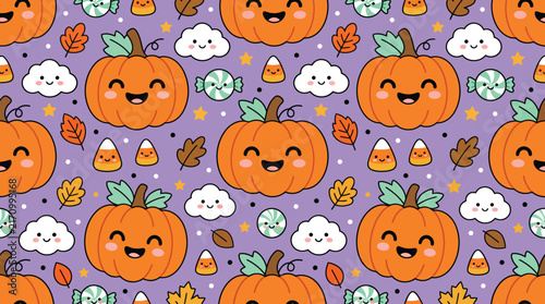 A cute seamless halloween background featuring smiling pumpkins and ghosts on a purple backdrop perfect for festive holiday party decorations
