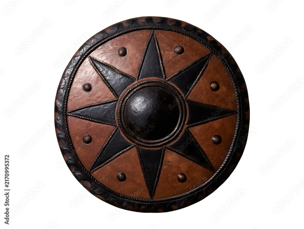 Fototapeta premium Vintage leather shield with star motif isolated on transparent or white background, png