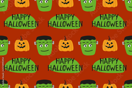Green Frankenstein Monster And Pumpkin Lamp With Happy Halloween Lettering In Seamless Vector Pattern For Fabric, Wrap, Decor