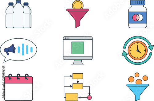 Multi Purpose Line Icon Set Featuring Business Sales Funnel Project Flowchart Calendar Schedule Time Efficiency Audio Marketing Bottles And Medical Bottle Symbols