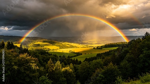 Vibrant rainbow over a lush green landscape at sunset with dramatic storm clouds