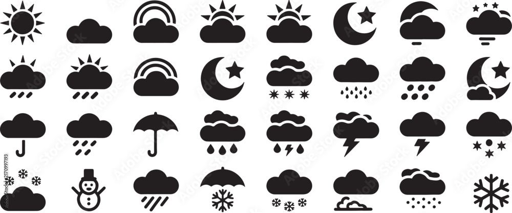 Naklejka premium Weather Icons Set with Sun, Clouds, Rain, Snow, and Moon Symbols. Graphic Design Elements for Weather Apps