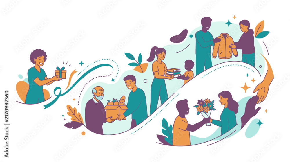 Fototapeta premium Illustrated group sharing thoughtful gifts in warm colorful celebration style with depicts cheerful circular composition diverse people exchanging gifts