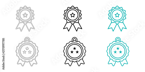 Foto Set of various award ribbon and medal icons in line art style for business and a