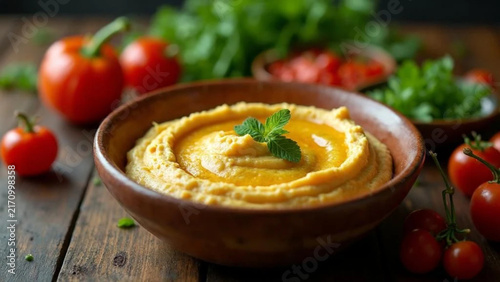 Fresh hummus with olive oil. Close up. 