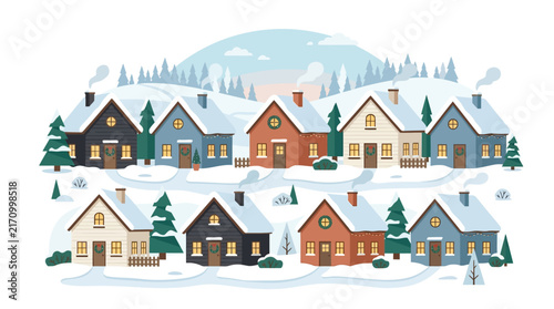 Cluster of snow covered houses in a peaceful winter village