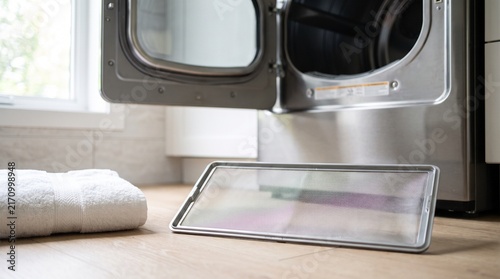 Clean lint filter screen on floor in front of open dryer