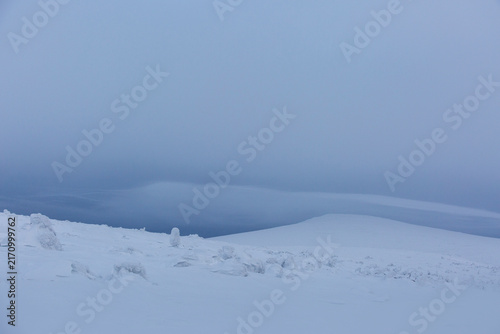 Snow on Manpupuner plateau, Komi Republic, Russia. Winter landscape