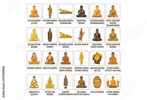 Collection of golden buddha statues in various poses and styles
