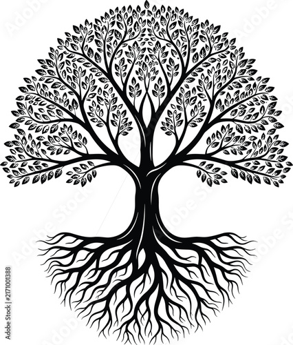 Intricate black and white tree illustration with symmetrical branches and roots, symbolizing growth, balance, connection, nature, life cycle, and organic harmony artwork