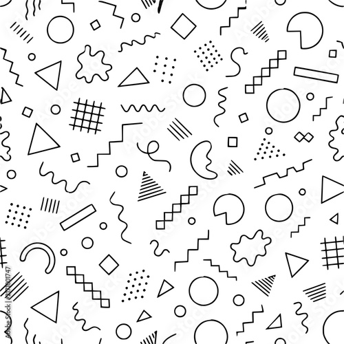 Abstract Memphis Style Geometric Seamless Pattern - Vector Background with Retro 80s and 90s Shapes, Squiggles, Triangles, and Circles 