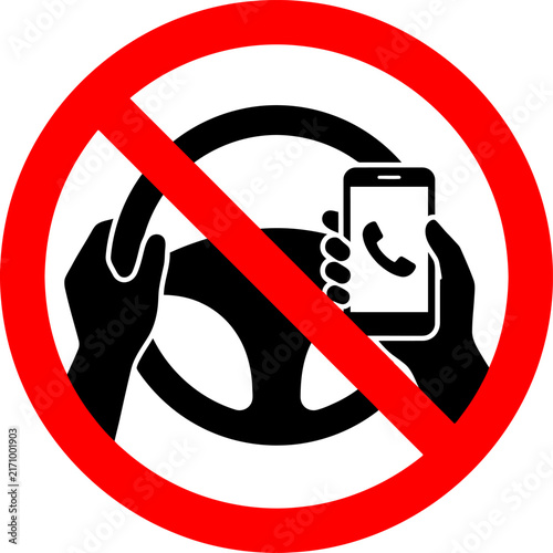 No Phone While Driving Sign, Red and black vector prohibition symbol for mobile use behind the wheel.