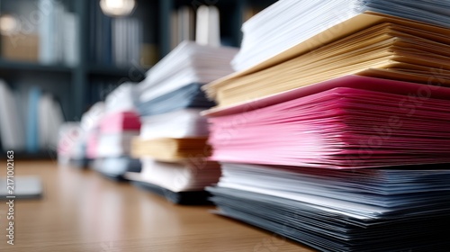 Stacked colorful paper documents organized on office desk
