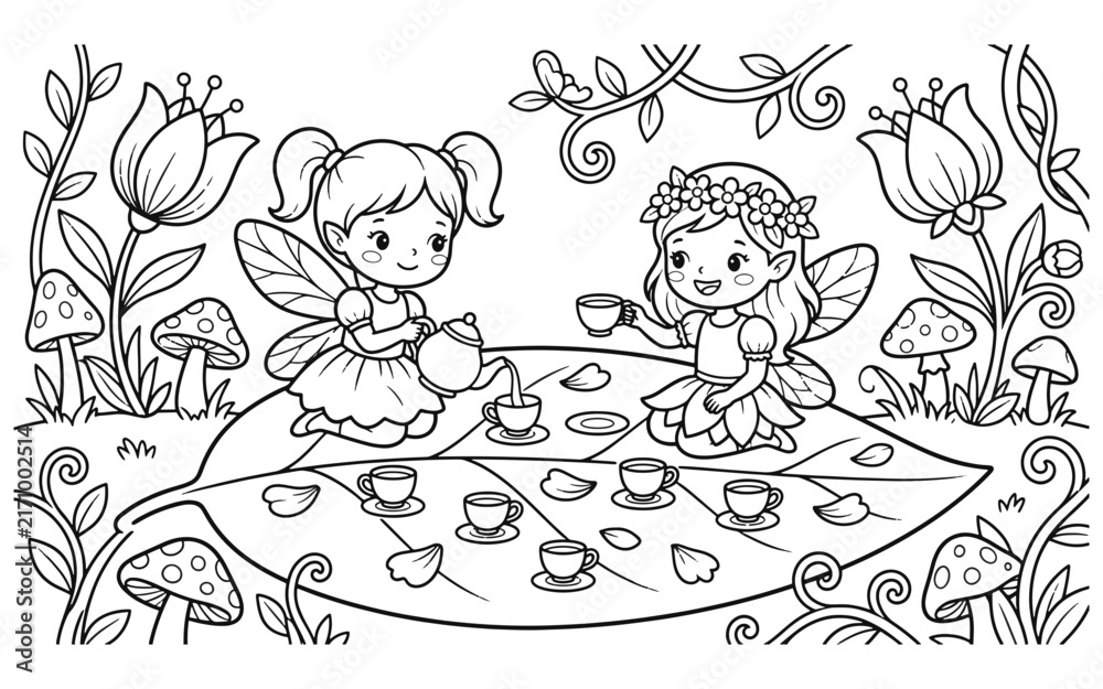 Fototapeta premium Cute little fairies having a tea party on a large leaf in a magical forest coloring page