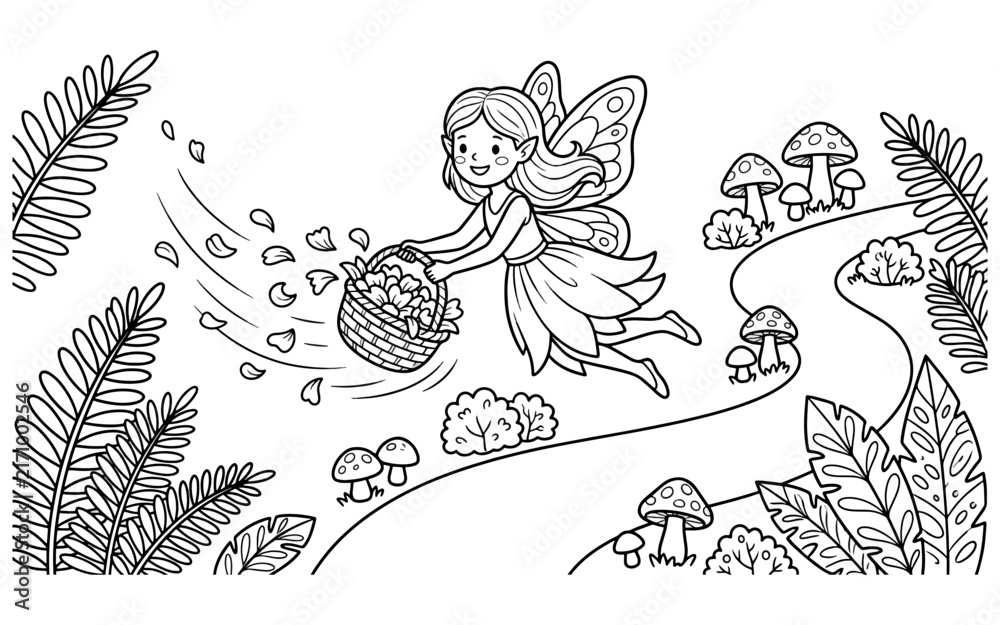 Obraz premium Cute fairy flying in a magical forest carrying a basket of flowers for a coloring page illustration