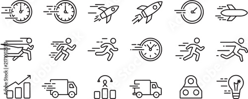 Fotografie Speed Icons Set with Clock, Running Figure, Rocket, Truck, and Gear Illustration