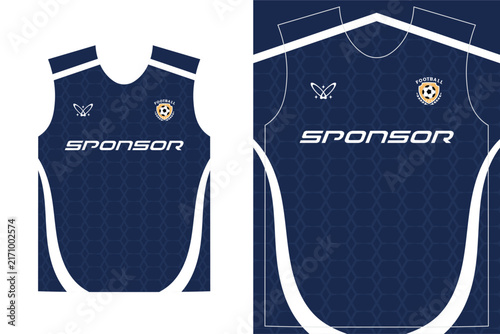 Blue soccer jersey template with white trim and sponsor placeholder